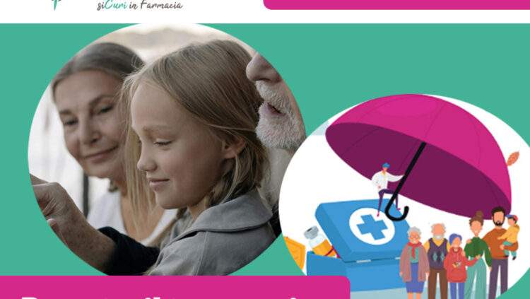 Volantino della campagna vaccinale antinfluenzale e anti-COVID in farmacia, con immagini di bambini e anziani e messaggio informativo sulla prevenzione.